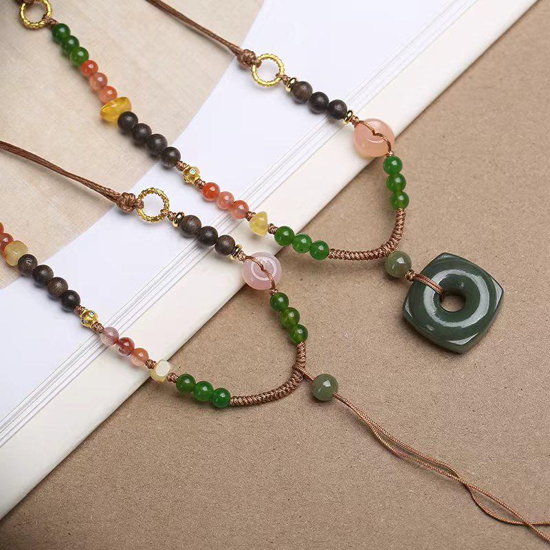 Colorful Handmade Chinese Hetian Jade Beaded Pendant Necklace with Adjustable Rope