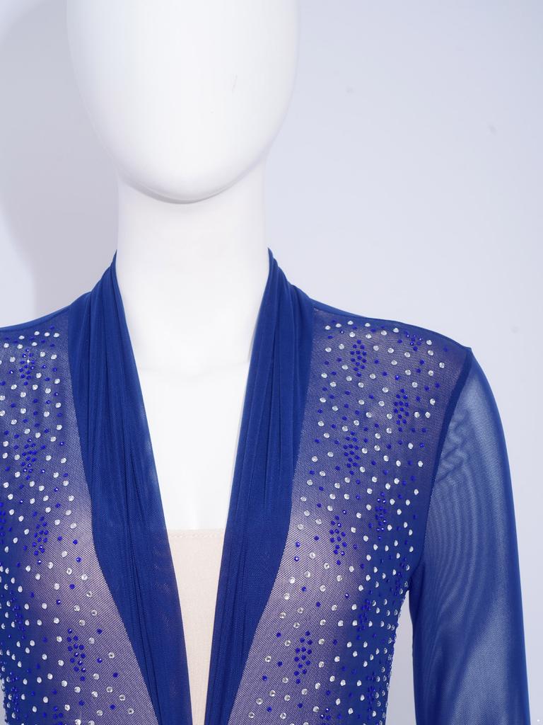 Damen Lyrical Tanzkleid S-XXL: Transparenter Netzstoff Langarm mit glitzernden Strasssteinen & Eingearbeiteten Schrittknöpfen Höschen Rüschen Design