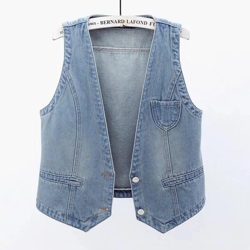 Women's Slim Single-breasted Denim Vest Sleeveless Jacket Solid Color All-match Top Spring Autumn ThreeThree