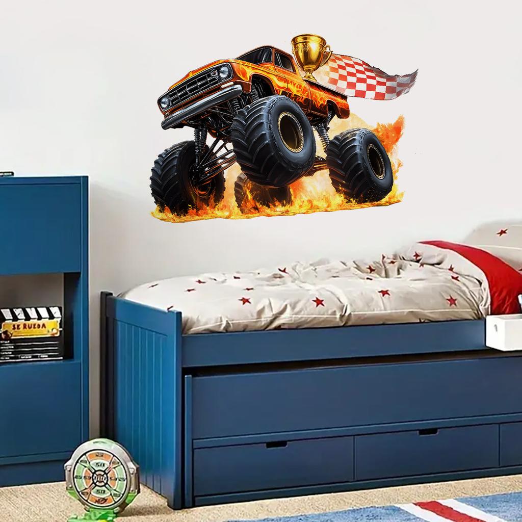 Wild Flaming Racing Car Trophy Wall Sticker Kids Room Decor Self-Adhesive Home Decoration