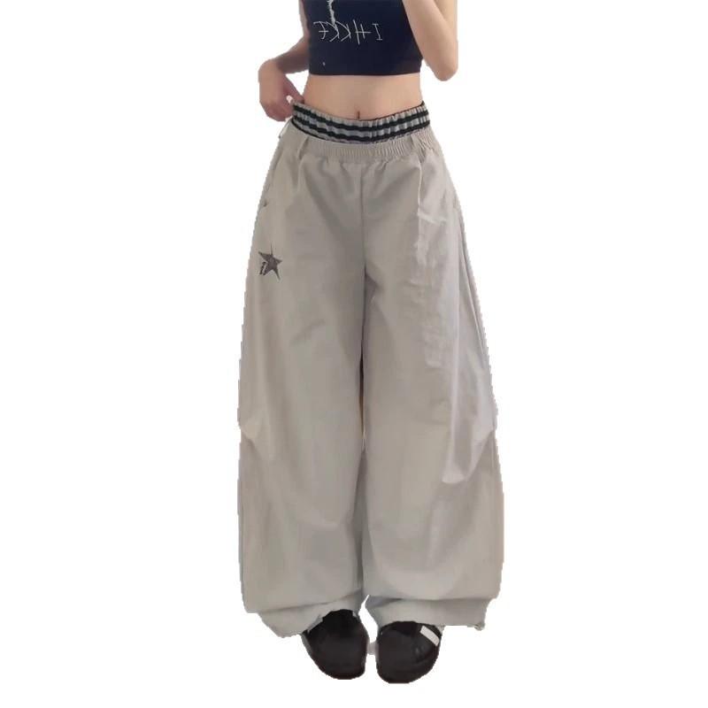 Womens Loose Wide-Leg Cargo Pants With Star Embroidery Elastic Waist Quick-Dry Lightweight
