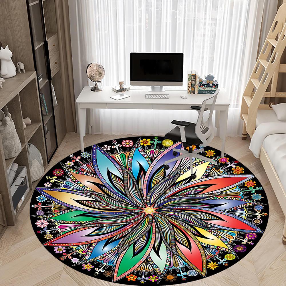 1pc Flower Mandala Chair Carpet for Office, Round Non Slip Durable Large Size Office Carpet, Suitable for Office