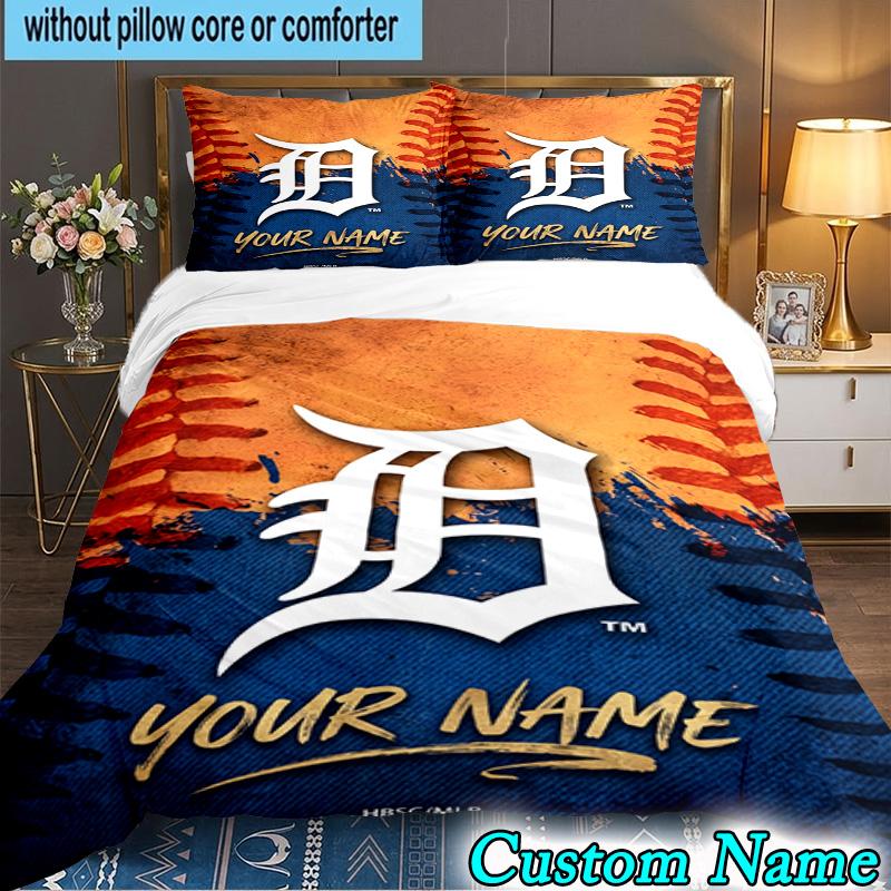 Custom Name 3PCS Detroit Tigers Emblem Bedding Set,Including Duvet Cover And 2pcs Pillowcases Perfect for Bedroom,Dormitory,Fan Christmas Gift
