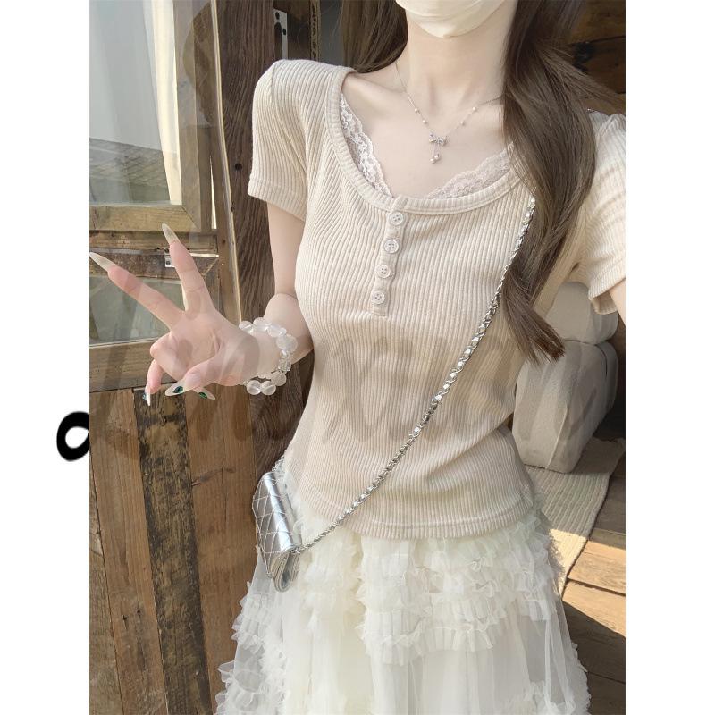 Summer Korean Style Sweet Square Neck Lace Trim Button Slim Fit Short Sleeve Top