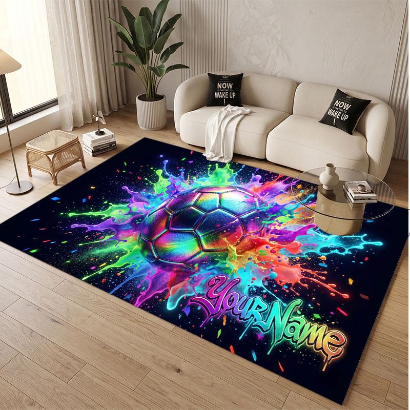 Fußball-Thema Weicher Kristall-Samt Teppich Benutzerdefinierter Name & Text Druck Rutschfester Boden Teppich für Schlafzimmer Wohnzimmer