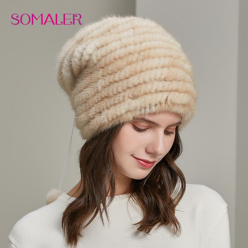 SOMALER Winter Mink Fur Hats for Women Warm Loose Casual Girls Slouchy Beanie for Cold Weather