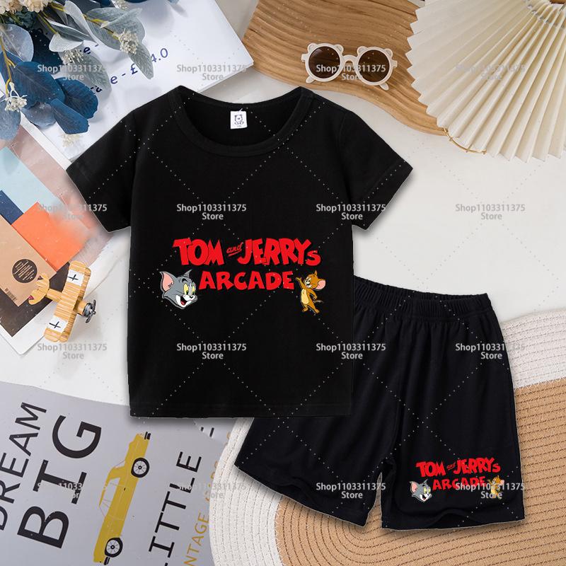 Tom and Jerry T-shirt Shorts Set Cute Cartoon Printed Casual Wear Fashion Summer Boys Girls Clothes Birthday Gift Tops Sportwear