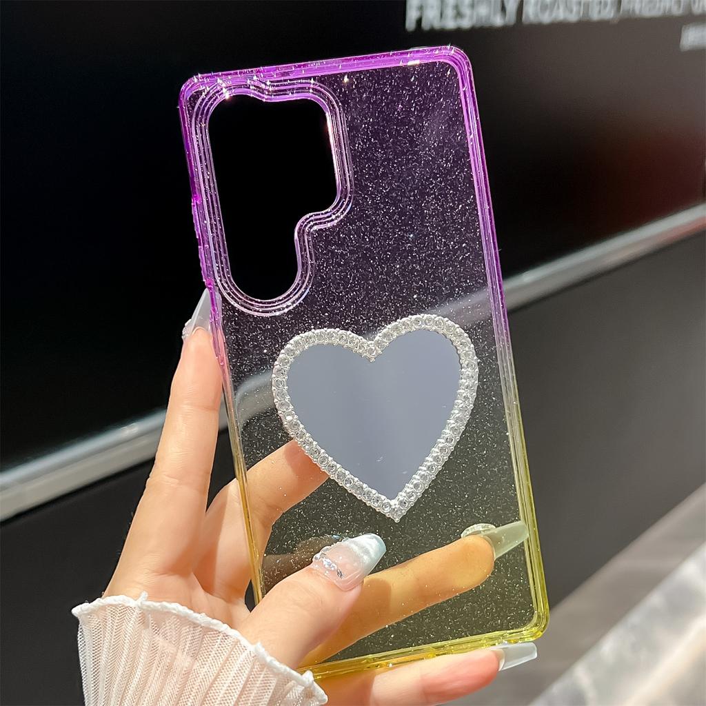 For Samsung Galaxy S25 Ultra Case Glitter Dual Color PC+TPU Clear Phone Cover with Heart-Shape Mirror