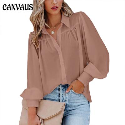 Spring and Autumn Women's Shirt Buckle Top Lantern Sleeve Pleats Solid Color Stand Collar Loose Shirt Long Sleeve Women's Blouse
