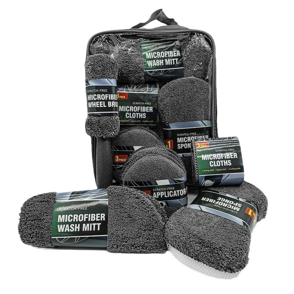 

Kit de 9 piezas para limpieza de coche, guante de lavado, paños de microfibra y esponja de encerado