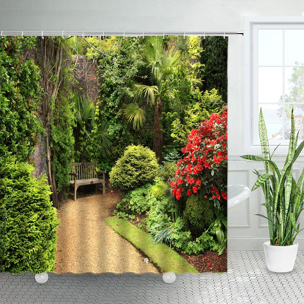 Spring Rural Landscape Shower Curtains Set Pink Flowers Tree Forest Natural Floral Green Plant Scenery With Hooks Bathroom Decor