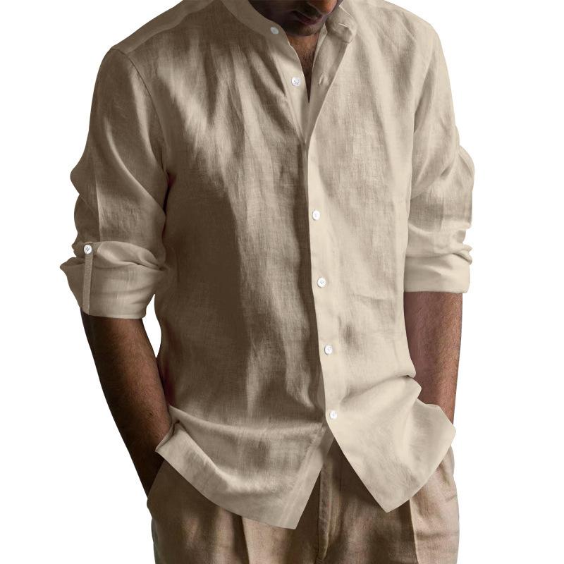 Mens Stand Collar Long Sleeve Breathable Casual Cotton Linen Shirt