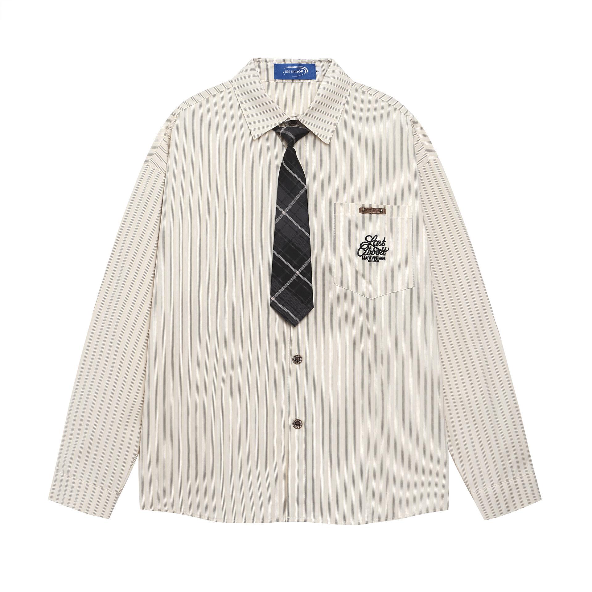 Men s clothing American campus trendy brand retro simple striped shirt long sleeve tie shirt M бежевый