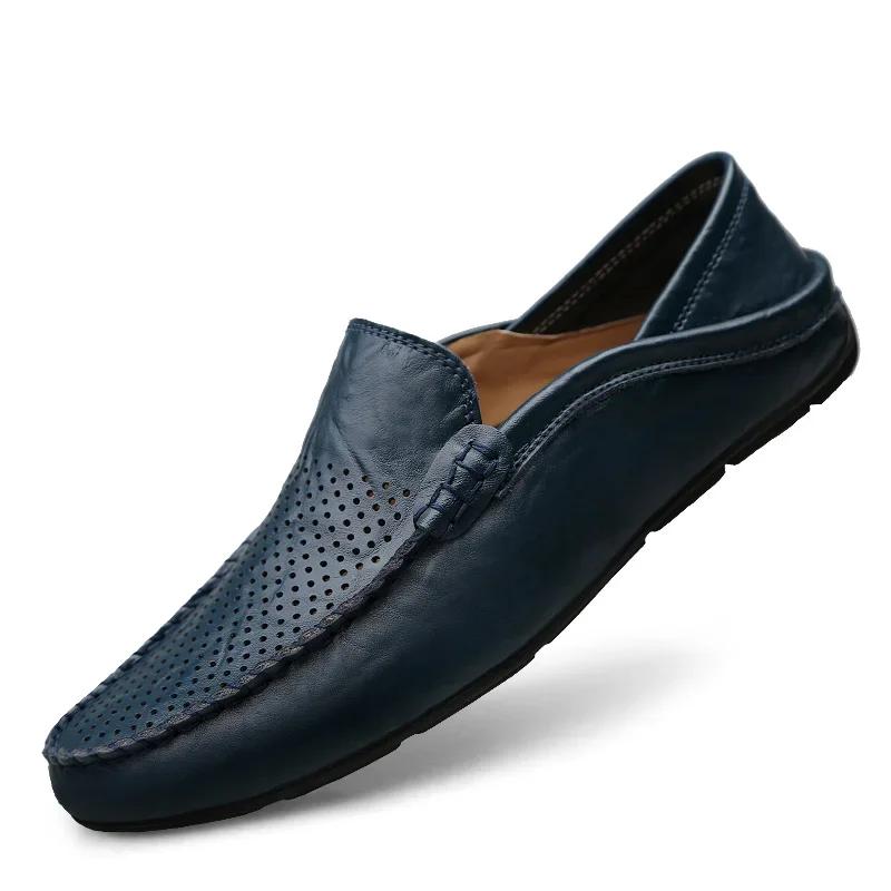 Italian Summer Hollow Shoes Men Casual Luxury Brand Genuine Leather Loafers Men Breathable Boat Shoes Slip On Moccasins