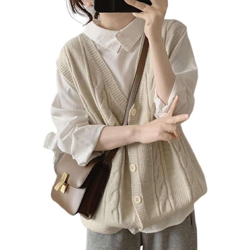 

[J.STORE] cable knitting knit vest casual summer knit Beautiful loose knit spring Commuting to school V-neck ladies white 5S-J03-WHL