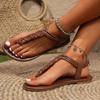 Fashion Brown Ethnic Weave Straps Clip Toe Sandals Women 2025 Summer Bohemia Comfortable Flat Heels Shoes Vintage Back Straps Sandals