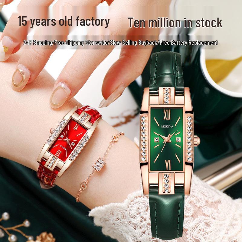Exquisite Women's Square Dial Quartz Watch with Green Strap and Diamond Accents