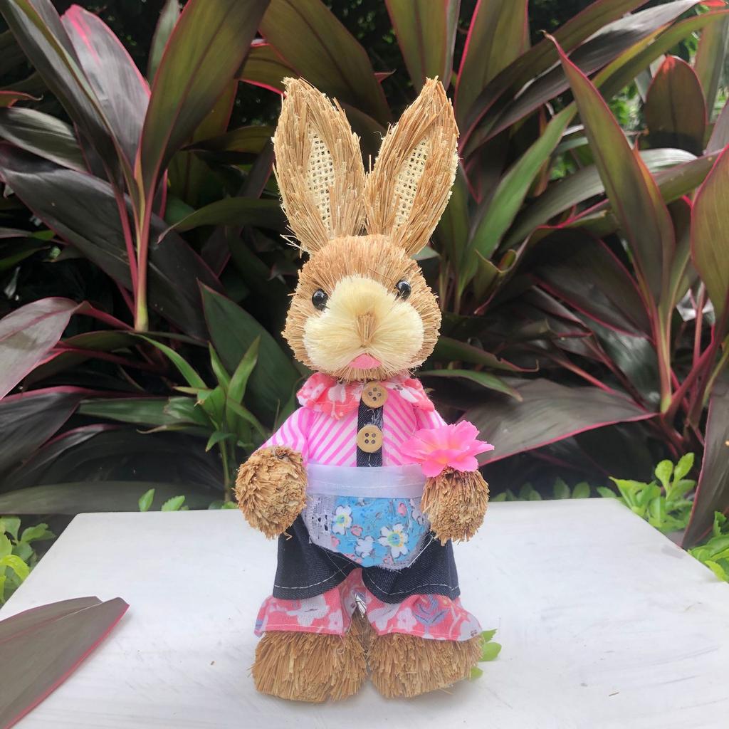 Easter Rabbit Decoration Straw Rabbit Ornament Creative Artificial Bunny Figure 25cm Home Holiday Cute with Flower Wreath