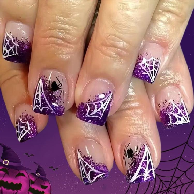 Instantly Faux Nail Set With Detachable Spiderweb Decorations Halloween Special Press On Nail For Adults