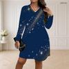 Women Plus Size V Neck Long Sleeve Starry Printed Navy Blue Loose Curved Hem Dress