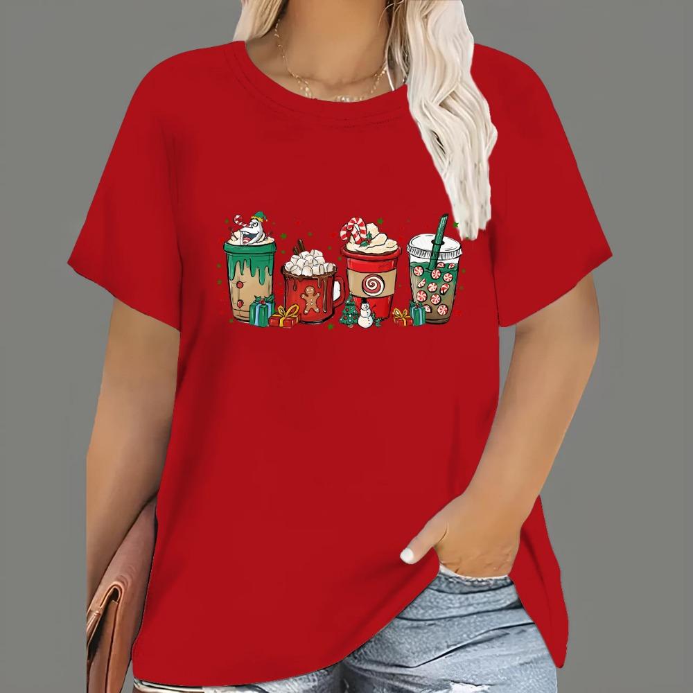 Women's Christmas T-shirt, cartoon Santa Claus print, short-sleeve, round-neck, casual party loose top