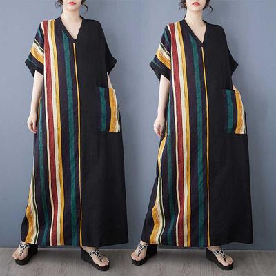 Summer Thin Cotton V-neck Short Sleeved Contrasting Splicing Long Dress for Women