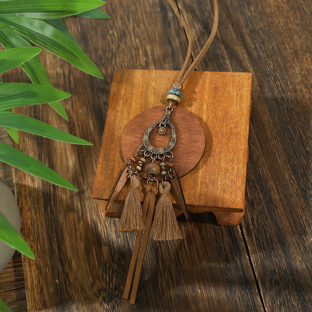 Retro Ethnisch Rund Holz Lang Pullover Halskette Damen Bohemian Blumen Perlen Blatt Quaste Halsketten Tägliches Tragen Mode Schmuck