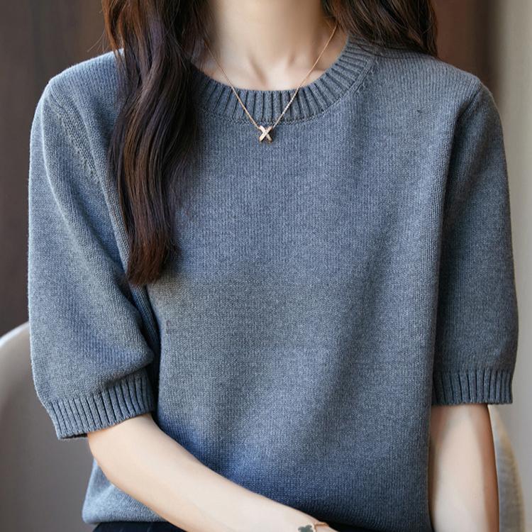 Kurzärmeliges Strick-T-Shirt Damen Lässiger Rundhals-Pullover Einfarbig Locker Halbarm-Pullover