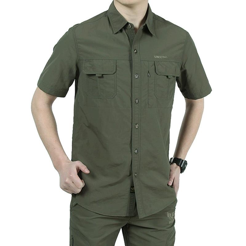 Summer Men Short Sleeve Shirts Quick Dry Turn Down Collar Shirt Outdoor Hiking Camping Fishing Clothing