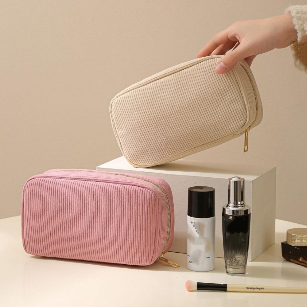 Women Corduroy Stripe Makeup Bag Large Capacity Cosmetic Storage Bag Portable Travel Zipper Washing Bag Toiletry Organizer Pouch