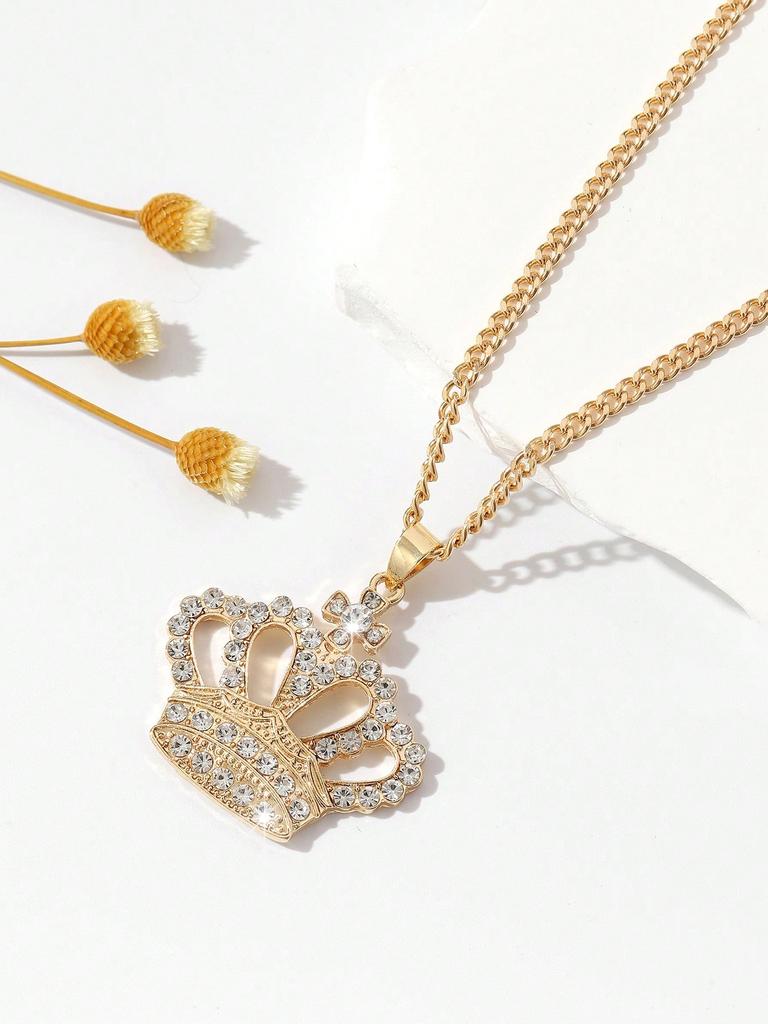 1 Pc Fashionable New Hollow Crown Shaped Pendant Necklace With Rhinestone Accents, Suitable For Daily Wear And Gift For Women