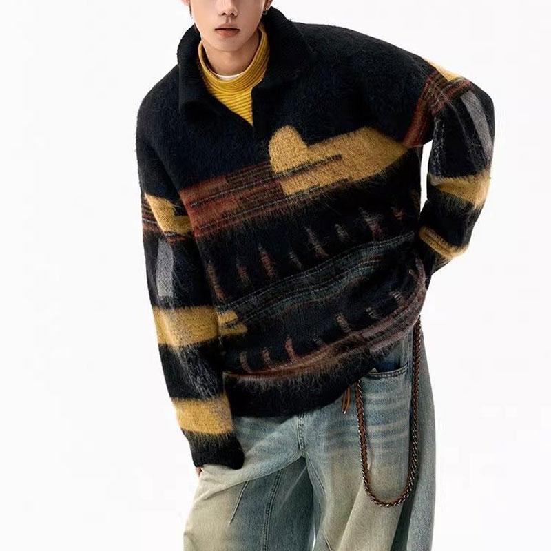 

Casual Vintage Contrasting Colors Sweaters Autumn Winter Polo-Neck Men s Clothing American Striped Loose Basic Knitted Pullovers L