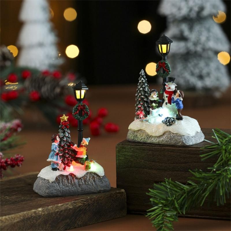Illuminated Christmas Resin Figurine Ornament with LED Light Glowing Miniature Christmas Tree Resin Table Decorations
