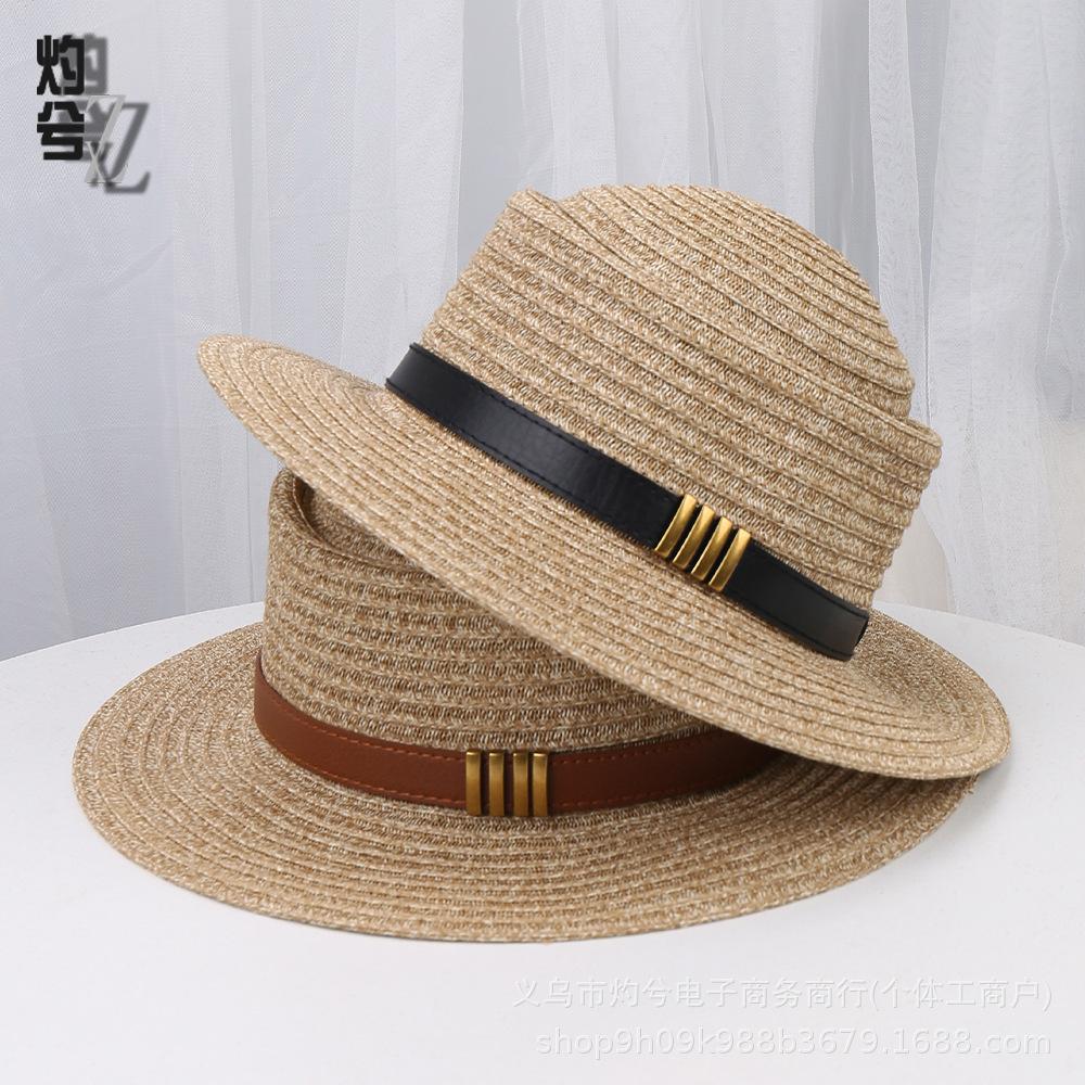 Hepburn Style Flat Top Straw Hat Women's New Sunscreen Sun Hat British Style Straw Woven Flat Edge Hat Summer Sunshade Hat