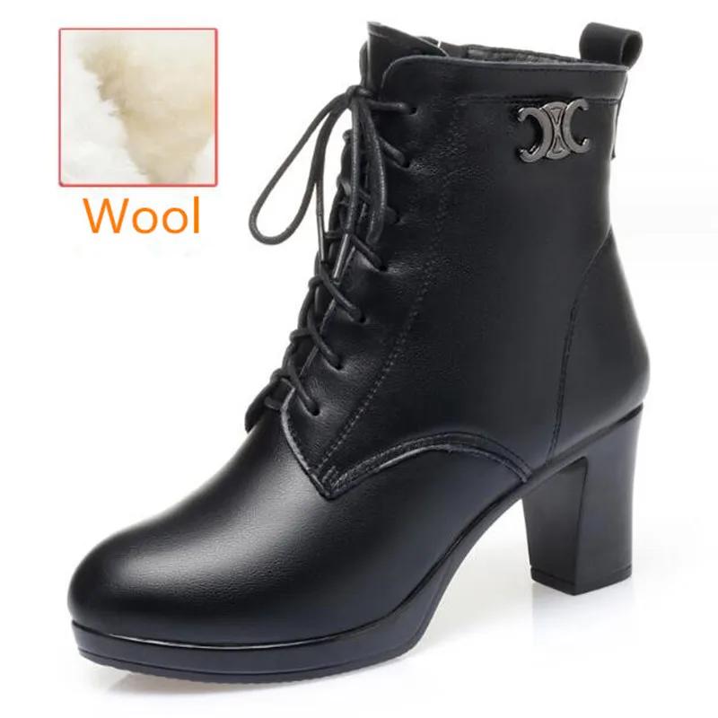 Women Genuine Leather Ankle Boots 2025 Autumn Winter Thick Wool Comfortable Thick High Heels Women Snow Boots Platform Shoes