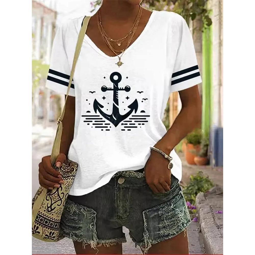 Stripe Printed T-shirt Fashionable Loose Short Sleeved Round Neck Versatile Comfortable Women's V-neck T-shirt