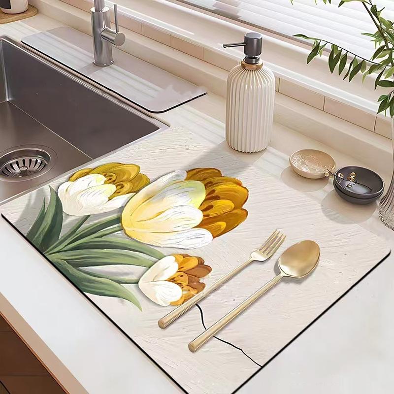 Natural Diatomite Dish Drying Mat with Fast Absorption, Heat Resistant & Non-Slip Pad for Sink Countertop - 30x40cm To 50x80cm Floral Design