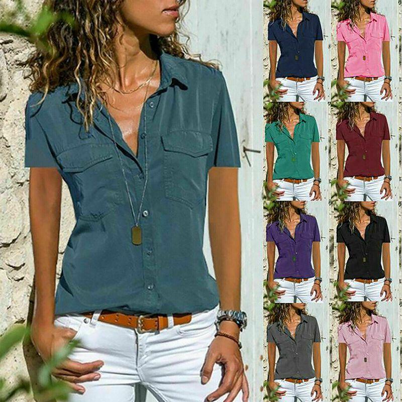 Women V Neck Short Sleeve Shirt Blouse Ladies Summer Tshirt Tops Tee Size Plus