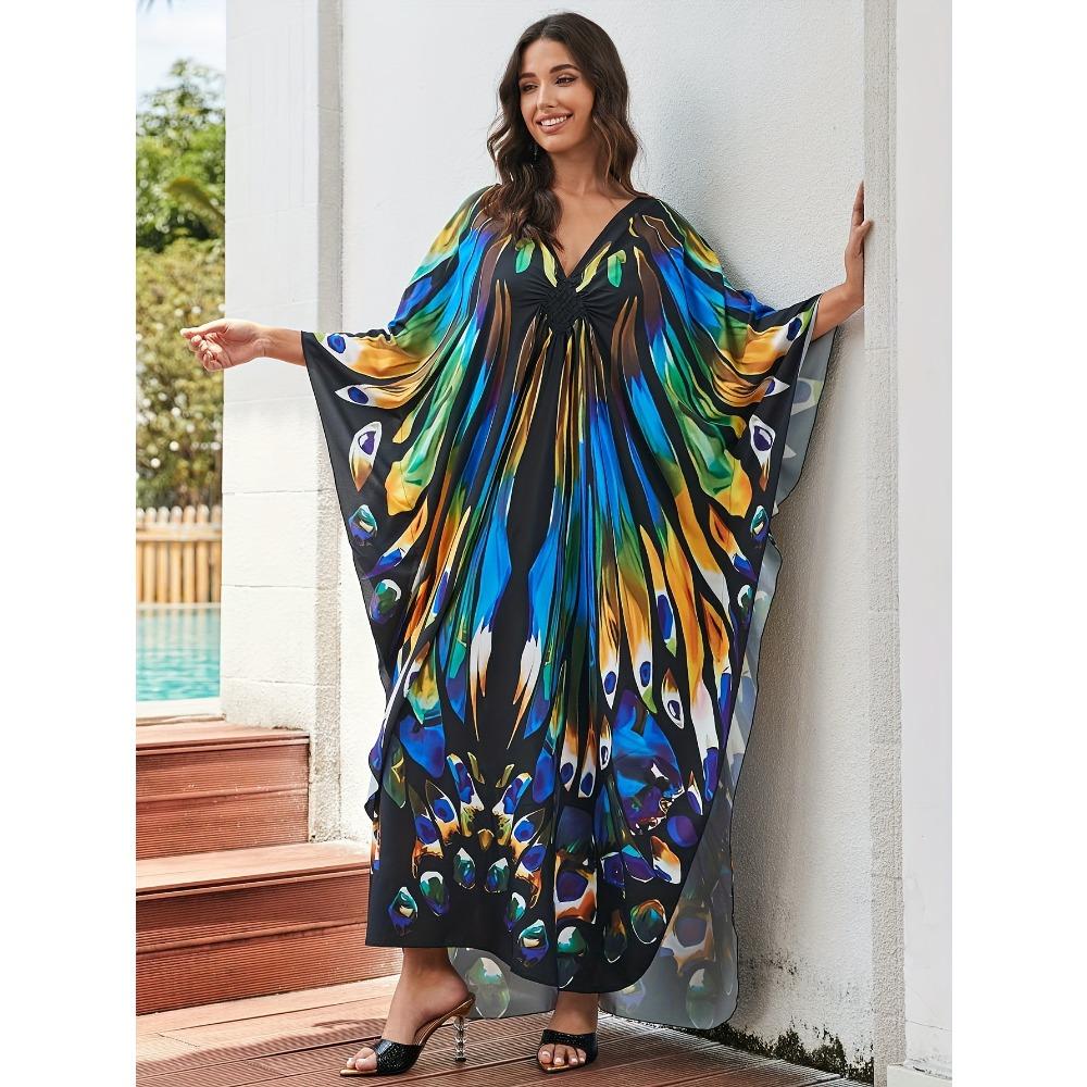 Plus Size Boho Cover Up, Women's Butterfly Print Chinese Knot Braided V Neck Maxi Loose Fit Beach Kaftan Dress