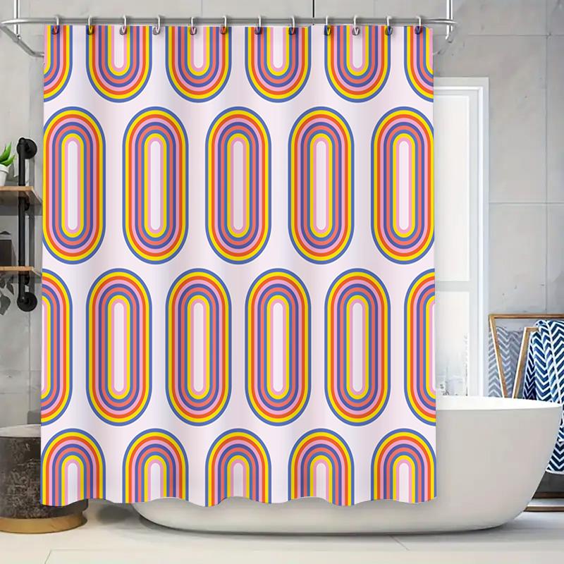 

Rainbow Striped Bath Curtains with Oval Pattern Modern Decorative Shower Panels for Bathroom Accessories Set in Pink White Yello 90x180cm