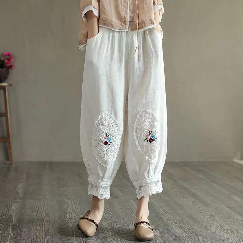 Women's Lantern Pants Embroidered with Lace Casual Pants Haren Pants Cropped Pants Elastic Waistband