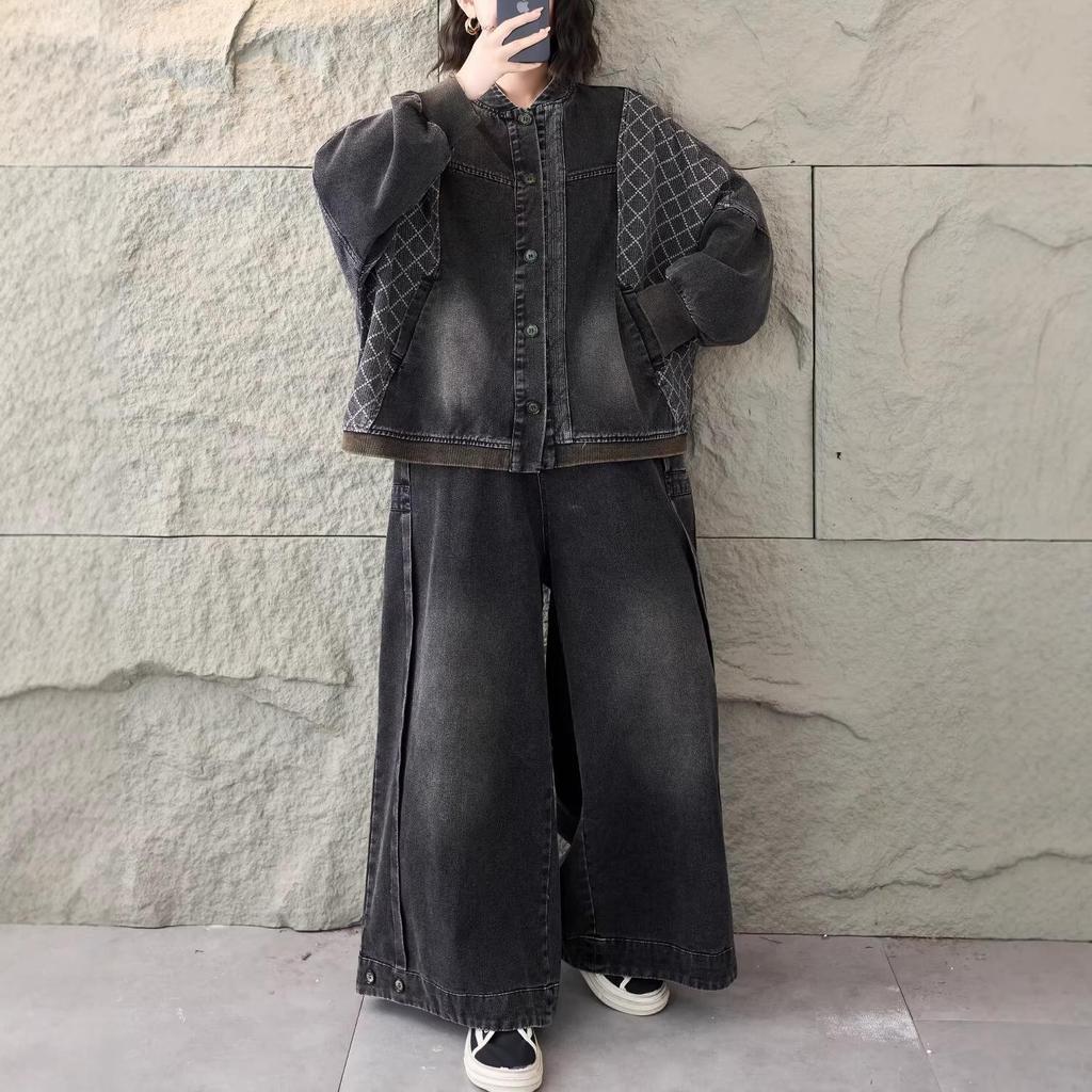 Artistic Loose-Fit Denim Jacket - Spring 2026 New Arrival, Stand Collar, Patchwork, Long Sleeve, Plus Size Fashion Top