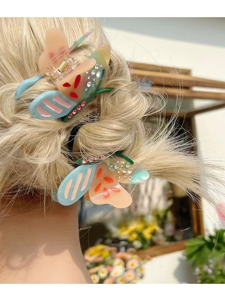 Half zip hair, new color blocked acetate butterfly clip, niche dopamine high-end hair clip, girl's curly hair shark clip