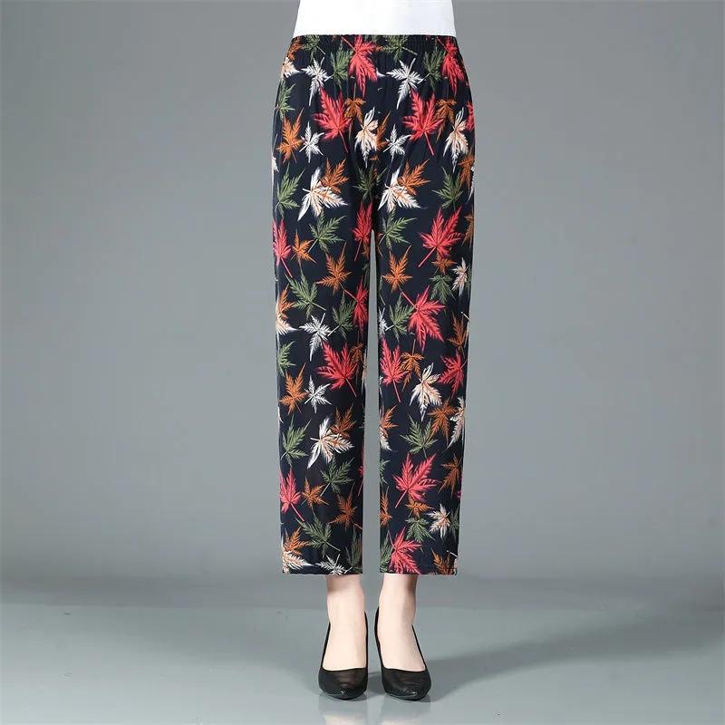 WTEMPO Summer Mom Elastic High Waist Casual Stretchy Cropped Pants Women Large Size Loose Printed Thin Trousers