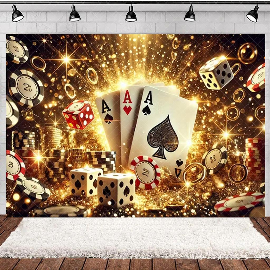 Casino Poker Chips Theme Birthday Party Decorations Playing Cards Money Golden Glitters Red Curtain BalloonS Cake Topper Banner