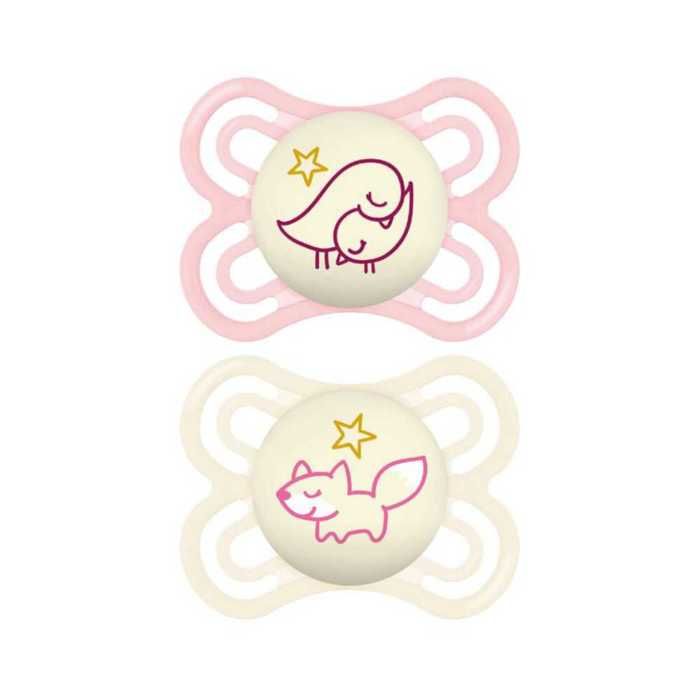 Sucettes-MAM Sucette Perfect Nuit - 2-6 Mois - Silicone - X2 (Modèle : Ours et Dinosaure)