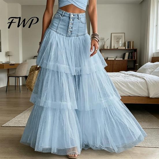 Long Skirt Women Skirt, High Waist Mesh Splicing Soft Breathable Patchwork Hip Covering Maxi Versatile for Party Beach Wedding Night Out Comfortable