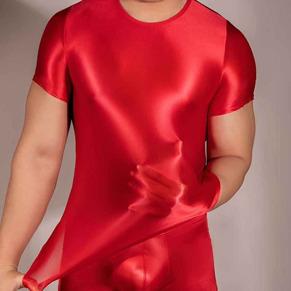 Comfortable Mens T-Shirt Male Nylon See Through Sheer Shiny