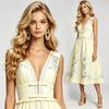 Sexy Deep V-neck Bow-Detail Ruffled Slim A-line Long Dress Women's Summer Sleeveless Floral Rint Cotton-Linen Midi Dress
