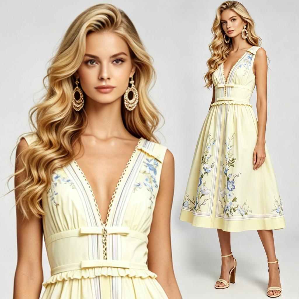 Sexy Deep V-neck Bow-Detail Ruffled Slim A-line Long Dress Women's Summer Sleeveless Floral Rint Cotton-Linen Midi Dress